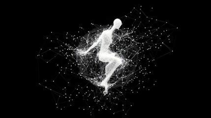 A white, wireframe human figure is depicted in a dynamic pose, seemingly dissolving into a network of interconnected dots and lines against a stark black backgr