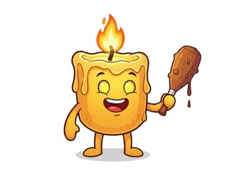 Happy cartoon candle character holding a marshmallow on a stick