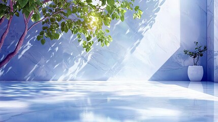 A serene scene featuring a tree branch with green leaves in the upper left, casting dappled shadows on a light blue marbled wall and floor. A white potted plant