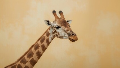 Obraz premium Giraffe portrait against beige background featuring long neck, spots, and distinctive horns in minimalist style