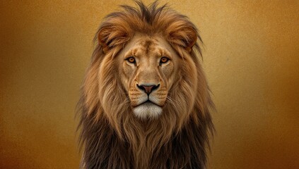 Obraz premium Majestic lion portrait with golden mane against warm textured background, powerful wild animal symbolizing strength and leadership