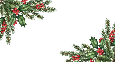 Watercolor Christmas holiday frame with pine branches, red berries, and green holly leaves on a clean white background, perfect for seasonal greetings and winter designs.