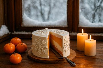 Festive Christmas cake decorated with snowflakes, candles, and tangerines against backdrop of snow-covered winter window.