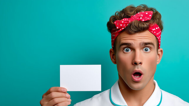 1950s Retro Barber with Shocked Face Holding Blank Appointment Card
- Powered by Adobe