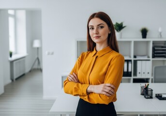 Confident young woman in orange blouse poses with arms crossed in modern office