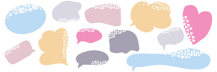 A set of colorful speech bubble frames with cute pastel doodle shapes, decorative floral accents and trendy hand-drawn comic elements for social media, stickers, planners, journal and scrapbook.