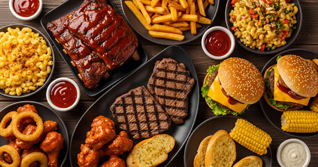 Ultimate spread of savory favorites including cheesy macaroni bowls, seasoned wings, golden onion rings, juicy grilled meats and crisp fries arranged for a satisfying meal.