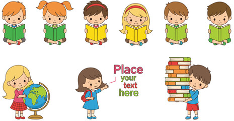 Set of cute children characters reading books and studying with a globe, symbolizing school education, knowledge acquisition, primary learning, and back-to-school concepts.