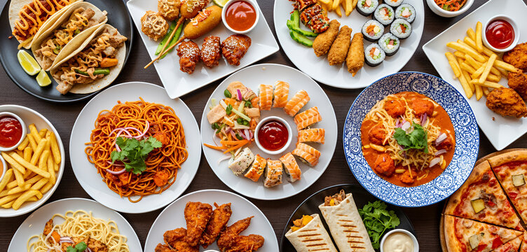 Variety of fast casual foods from different cuisines like sushi, kebabs, wraps, pizza and fried snacks served together for a rich and satisfying meal experience.