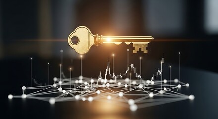 Golden Key above Financial Chart Network Security Concept