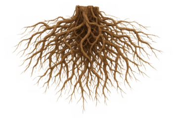 Tree root system showing a complex brown underground network, providing foundation and support, transparent background