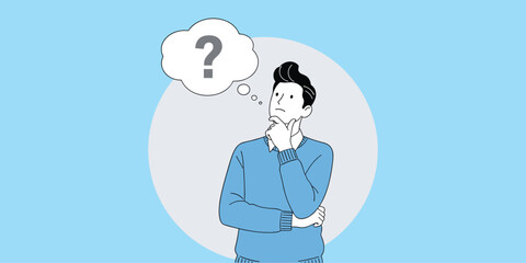 Thinking person, question mark, problem solving, cartoon character, blue sweater, thoughtful pose, idea bubble, flat vector illustration