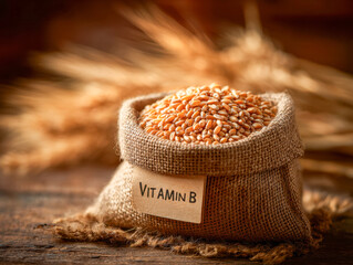 Sack filled with wheat grains rich in vitamin b placed on rustic wooden surface with blurred wheat stalks in the background for natural health and nutrition concept