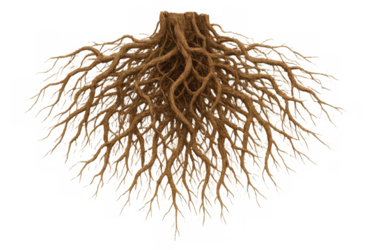 Tree root system showing a complex brown underground network, providing foundation and support, transparent background