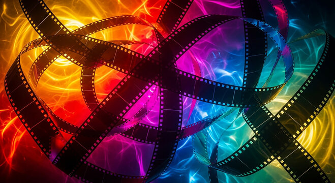 Abstract vibrant light painting illuminates tangled film reels creating a mesmerizing and colorful cinematic art form