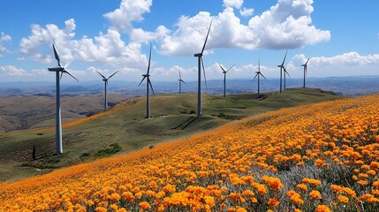 A scenic landscape featuring multiple wind turbines gracefully spinning on a hillside covered in bright orange wildflowers under a blue sky with fluffy white clouds