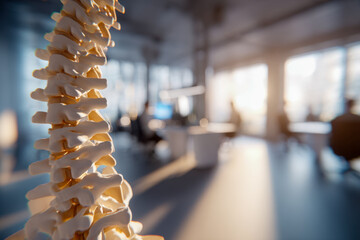 Anatomical model of human spine in a bright medical office with blurred background representing healthcare and chiropractic wellness concepts