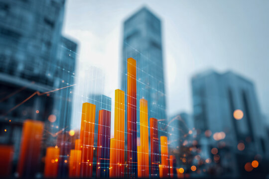 Visualization of futuristic orange and yellow bar graphs overlaying blurred high-rise buildings representing urban growth and financial data trends in business analysis