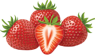 Cluster of realistic fresh strawberries with green leaves and a half-cut slice, symbolizing healthy organic fruit, summer dessert, natural sweetness, and nutritious food ingredients.