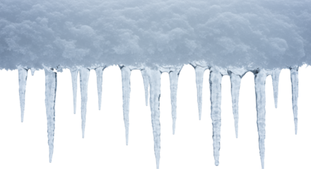 extreme close-up macro shot of three parallel rows of needle-sharp, crystalline icicles with frozen drips, below thick transparent snow on a stark white background. concept of frozen perfection