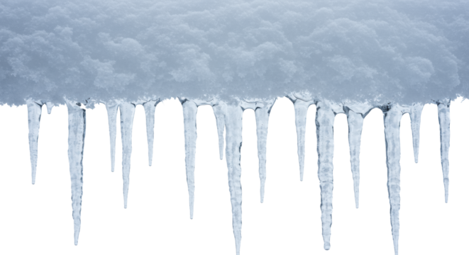 extreme close-up macro shot of three parallel rows of needle-sharp, crystalline icicles with frozen drips, below thick transparent snow on a stark white background. concept of frozen perfection
