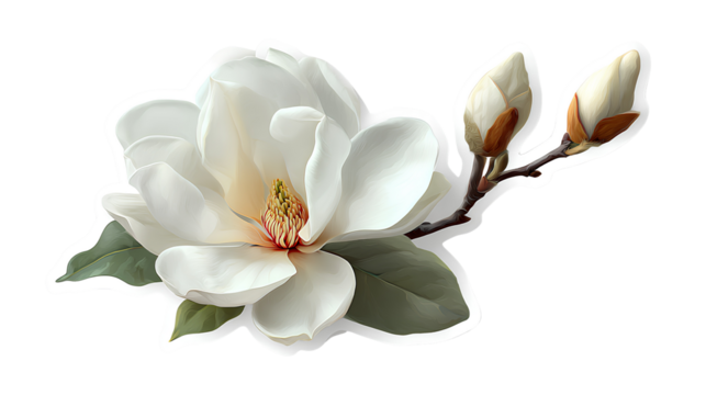 Realistic white magnolia flower with two buds and green leaves on a transparent background