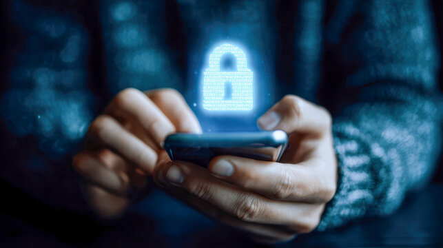 Person using smartphone with glowing digital lock symbol above device representing data protection and advanced mobile security in a dark setting
