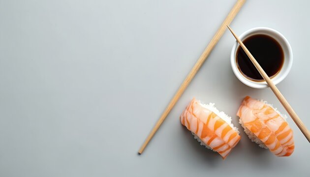 Two salmon nigiri sushi pieces with chopsticks rest near soy sauce bowl. Minimalist food composition on plain grey surface, offering clean presentation for Japanese cuisine context.