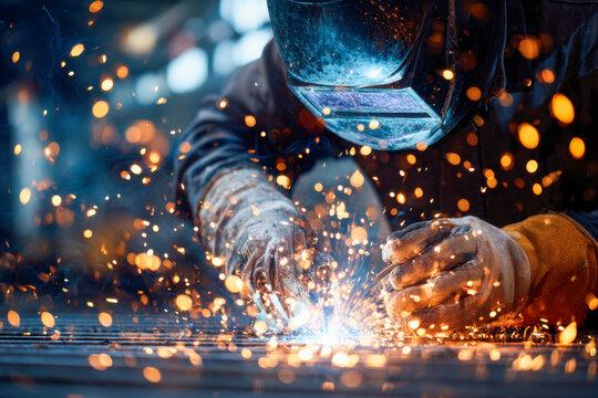 Welder in protective gear working with intense sparks flying during metal fabrication in an industrial workshop environment on a dark background