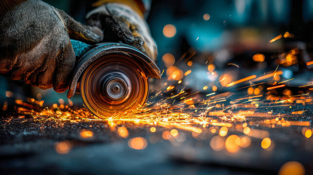 Skilled worker using an electric grinding tool to cut or polish metal with bright orange sparks flying in a workshop environment during industrial fabrication tasks - Powered by Adobe