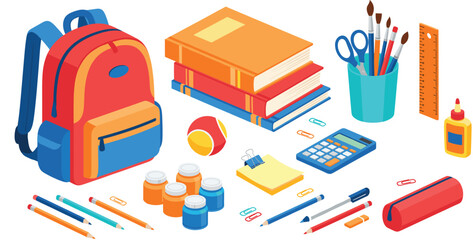 Isometric set of back-to-school and office supplies including backpack, books, pencils, and calculator, symbolizing education, study, creativity, and stationary accessories.