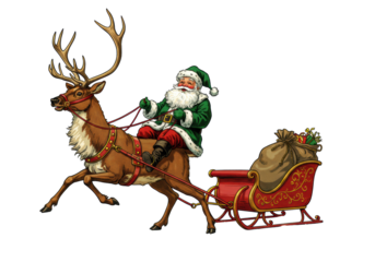 Hand-drawn vintage illustration of santa in an emerald green velvet suit riding a majestic reindeer and sleigh, textured lithograph style, white background. Concept of nostalgic christmas journey