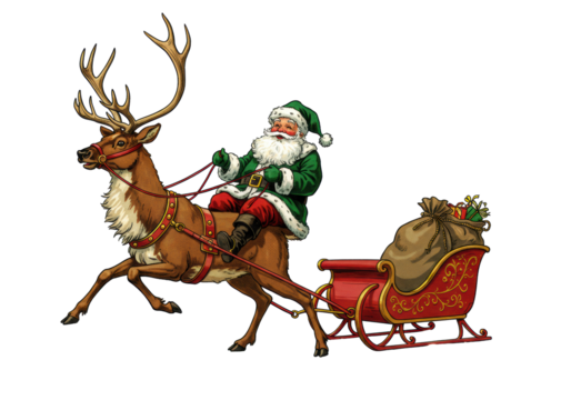 Hand-drawn vintage illustration of santa in an emerald green velvet suit riding a majestic reindeer and sleigh, textured lithograph style, white background. Concept of nostalgic christmas journey