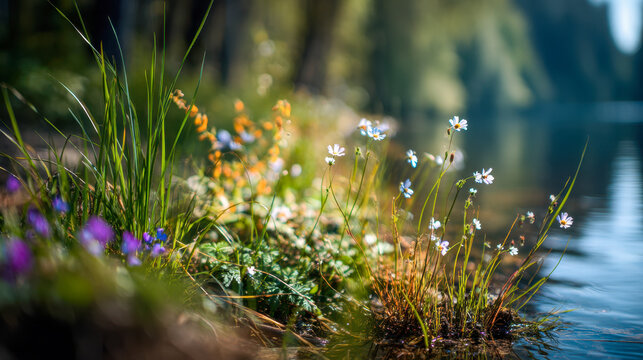 Vibrant wildflowers and grasses growing at the edge of a calm, serene lake with a blurred forest backdrop on a sunny day in nature