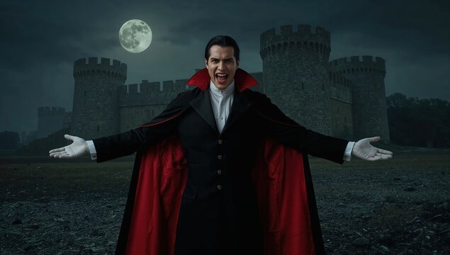 Vampire dracula in black cape at night castle with full moon, gothic horror character, halloween costume, menacing expression, medieval fantasy scene