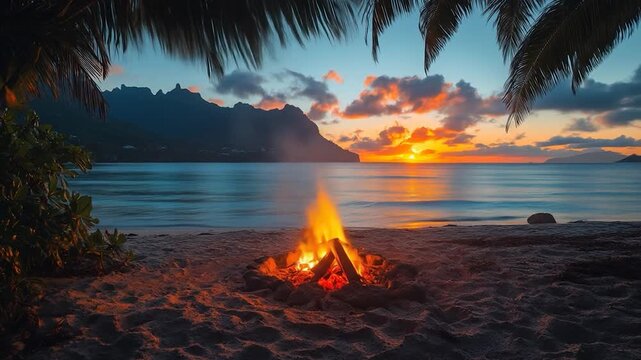 Beach Bonfire at Sunset with Ocean and Palm Trees.