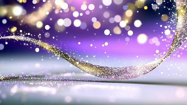 A dynamic, swirling ribbon of gold and silver glitter particles against a soft purple background with out-of-focus bokeh lights, creating a magical and celebrat