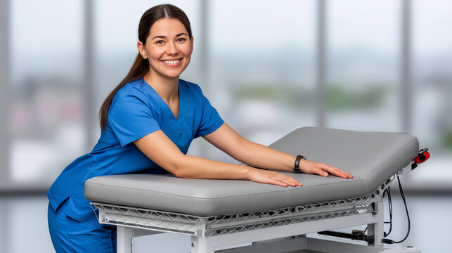 Smiling confident young female medical professional or physiotherapist leaning on an examination table in a clean, modern clinic or hospital setting with a blurred bright background.