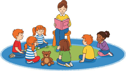 Teacher reading a book to a diverse group of young children sitting on a rug, symbolizing early childhood education, storytelling, kindergarten lesson, and interactive learning activity