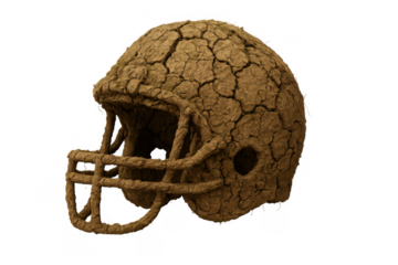 American football helmet made of dry cracked earth, symbolizing drought, climate change impact on sport, and fragility