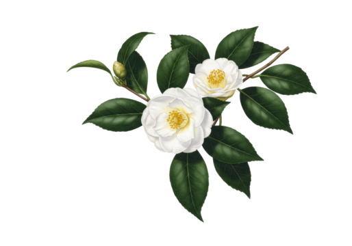 professional botanical watercolor of white camellia japonica branch featuring pristine layered petals and glossy emerald leaves, on a transparent background with copy space, elegant scientific study