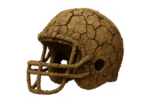 American football helmet made of dry cracked earth, symbolizing drought, climate change impact on sport, and fragility