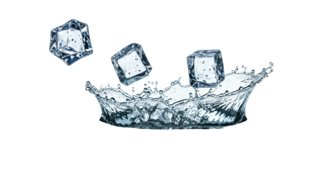 hyper-realistic macro shot of four crystalline ice cubes descending, violently impacting water, creating a sharp crown splash and suspended droplets on high-key white. concept for beverage advertising