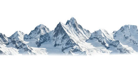 majestic, snow-covered alpine mountain peaks with glacial blue ice, shot with wide-angle perspective and dramatic rim lighting on an infinite white background with ample copy space. concept for