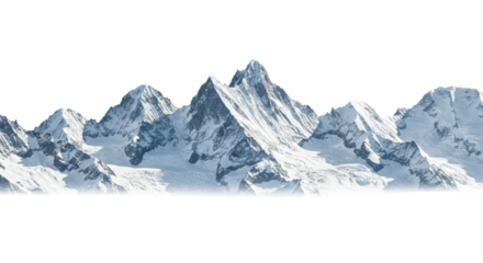 majestic, snow-covered alpine mountain peaks with glacial blue ice, shot with wide-angle perspective and dramatic rim lighting on an infinite white background with ample copy space. concept for