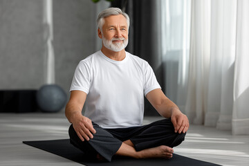 Happy and calm senior man with gray hair sitting cross legged on a yoga mat in a sunny home or studio, representing mindful exercise, meditation, active healthy aging, and wellness.