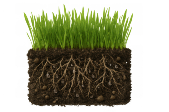 Cross-section of grass roots and soil with water droplets, showing growth, nature, and the underground environment on a transparent background