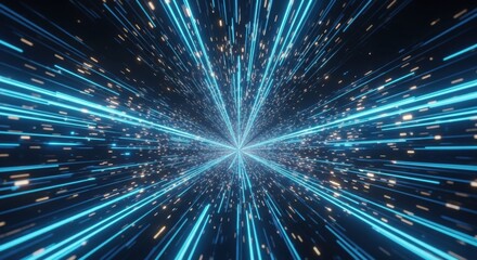 A futuristic digital visualization of high-speed travel through a tunnel of glowing blue and gold light trails converging at a central point, creating a sense of rapid motion