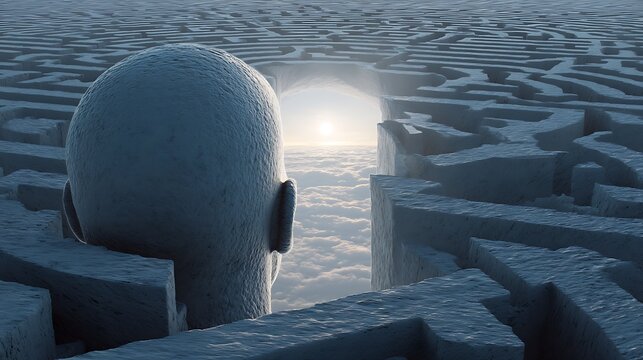 human head top view as a maze opening toward bright horizon, concept of thought liberation, symbolic surrealism, muted blue tones, v7 