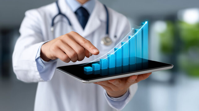 Doctor or healthcare professional in a white coat holding a digital tablet and touching a projected, three dimensional, ascending blue bar chart, symbolizing successful medical business growth